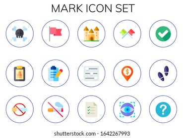 mark icon set. 15 flat mark icons.  Simple modern icons such as: danger, clipboard, flag, list, castle, controls, flags, location, checked, footprint, no smoking, visual, question