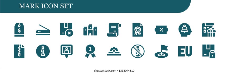 mark icon set. 18 filled mark icons.  Simple modern icons about  - Tag, Scan, Package, Castle, Spell, File, Discount, Alert, List, Information, Location pin, Quality, Manual, No alcohol