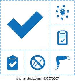 Mark icon. set of 6 mark filled icons such as hair dryer, clipboard, virus and pills, no smoking, tick
