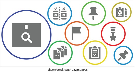 mark icon set. 9 filled mark icons.  Collection Of - Package, Testing, Push pin, File, List, Flag, Badge, Report, Pin