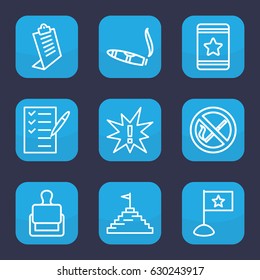 Mark icon. set of 9 outline mark icons such as stamp, cigarette, clipboard, star, check list, pyramid flag, no smoking, flag