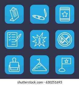 Mark icon. set of 9 outline mark icons such as stamp, cigarette, clipboard, star, check list, pyramid flag, no smoking, flag