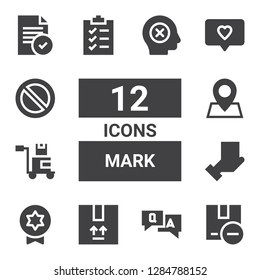 mark icon set. Collection of 12 filled mark icons included Package, Question, Badge, Pin, Clipboard, Notification, Forbidden, File, Failure