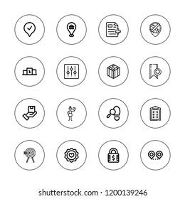 Mark icon set. collection of 16 outline mark icons with archery, clipboard, bookmark, controls, favorite, file, footprint, location, package, pin, pensive, position icons.