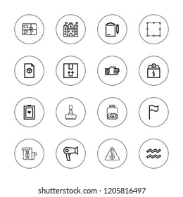 Mark icon set. collection of 16 outline mark icons with aquarius, clipboard, castle, cookie, hair dryer, file, flag, list, package, risk, selection, sensor, stamp icons.