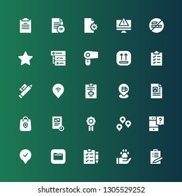 mark icon set. Collection of 25 filled mark icons included List, Pawprint, Check list, Files, Location, Question, Badge, Document, Package, File, Pin, Marker, Clipboard, Hair dryer