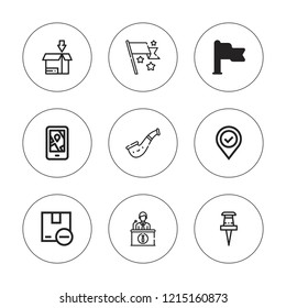 Mark icon set. collection of 9 outline mark icons with geolocalization, information point, flag, location pin, package, pin icons. editable icons.