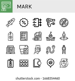 mark icon set. Collection of Account, Trout, Discount, Air quality, Hair dryer, Priority, Price tag, List, Report, Castle, Position, Document, Online order, Destination icons