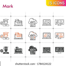 conjunto de iconos de marca. incluye nube, profesor, instructor, estudiante, íconos de entrenamiento sobre fondo blanco. estilos lineales, bicolores, rellenos.