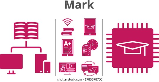 mark icon set. included ereader, chip, instructor, test, homework, book icons. filled styles.