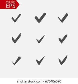 ?heck mark icon Set. Tick symbols. Yes, vote signs on a grey background in flat style for graphic design, Web site, UI. EPS