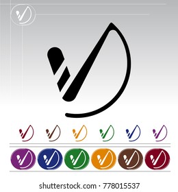 Mark icon, V, logo, icon approval. Different color solutions. Soft rounded lines, outlined form. Leneous texture. Fractionality of the symbol. An additional substrate in the form of a circle.