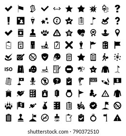 Mark icons. set of 100 editable filled mark icons such as champagne and wine glasses, sweater, flag, clipboard, stamp, star, flag with dollar, tick, paw, question