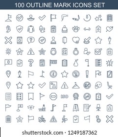 mark icons. Set of 100 outline mark icons included cross, pin on globe, flag, checklist, courier, warning on white background. Editable mark icons for web, mobile and infographics.