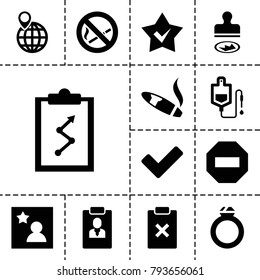 Mark icons. set of 13 editable filled mark icons such as clipboard with chart, drop counter, tick, minus, favorite photo, ring, stamp, cigarette, star, no smoking, clipboard