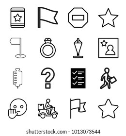 Mark icons. set of 16 editable outline mark icons such as checklist, star, bye emot, courier on motorcycle, minus, favorite photo, flag, ring, question, drop counter