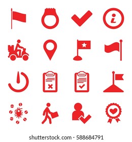 mark icons set. Set of 16 mark filled icons such as flag, courier, courier on motorcycle, heart ribbon, tick, clipboard, virus and pills, stopwatch camera, add user, info