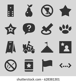 Mark icons set. set of 16 mark filled icons such as wet floor, star, pear, no alcohol, courier on motorcycle, favorite photo, no smoking, pyramid flag, flag, exclamation