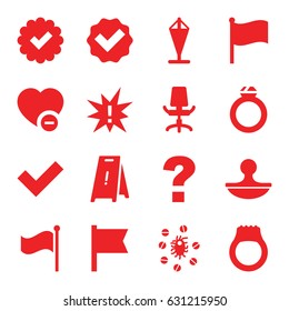 Mark icons set. set of 16 mark filled icons such as wet floor, minus favorite, flag, virus and pills, office chair, stamp, ring, tick, exclamation