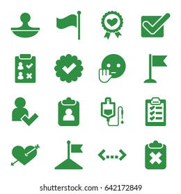 Mark icons set. set of 16 mark filled icons such as flag, heart with arrow, bye emot, drop counter, heart ribbon, stamp, clipboard, add user, tick, check list