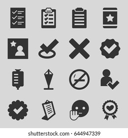 Mark icons set. set of 16 mark filled icons such as clipboard, star, bye emot, drop counter, heart ribbon, favorite photo, add user, checklist, cross, flag, tick, check list