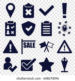 Mark icons set. set of 16 mark filled icons such as warning, star, virus and pills, flag, add user, tick, shield, sale, check list, clipboard with cross, exclamation point