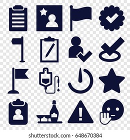 Mark icons set. set of 16 mark filled icons such as champagne and wine glasses, bye emot, drop counter, flag, star, stopwatch camera, favorite photo, add user, warning, tick