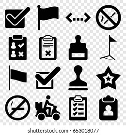 Mark icons set. set of 16 mark filled icons such as stamp, courier on motorcycle, clipboard, tick, star, no smoking, flag, check list