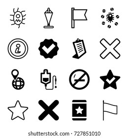 Mark icons set. set of 16 mark filled and outline icons such as clipboard, star, drop counter, pin on globe, virus and pills, cross, info, flag, tick