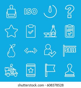 Mark icons set. set of 16 mark outline icons such as stamp, champagne and wine glasses, star, pear, courier on motorcycle, clipboard, stopwatch camera, ISO, add user, sale