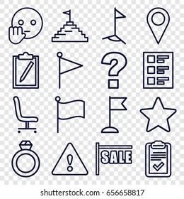 Mark icons set. set of 16 mark outline icons such as flag, clipboard, checklist, office chair, warning, star, pyramid flag, bye emot, sale, question, ring