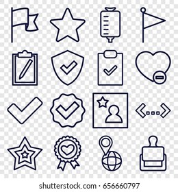 Mark icons set. set of 16 mark outline icons such as stamp, drop counter, pin on globe, heart ribbon, minus favorite, tick, star, favorite photo, flag, shield, quotation