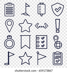 Mark icons set. set of 16 mark outline icons such as drop counter, pin on globe, star, clipboard, checklist, flag, gold flag, shield, ring, check list, exclamation point
