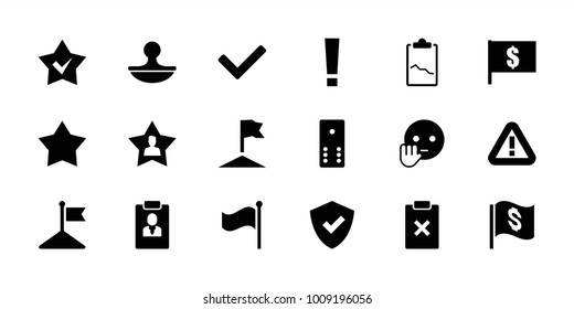 Mark icons. set of 18 editable filled mark icons: flag, shield, flag with dollar, bye emot, star, exclamation point, favorite user, stamp, tick, warning, clipboard with chart