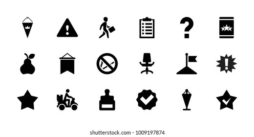 Mark icons. set of 18 editable filled mark icons: stamp, flag, tick, checklist, courier on motorcycle, star, office chair, warning, question, no smoking, pear, exclamation