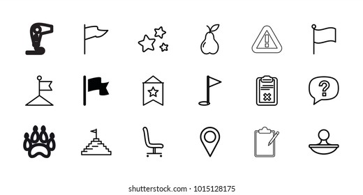 Mark icons. set of 18 editable outline mark icons: flag, pear, exclamation, clipboard, office chair, stamp, star, gold flag, pyramid flag, location pin, hair dryer, warning