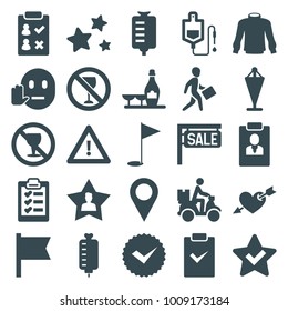 Mark icons. set of 25 editable filled mark icons such as champagne and wine glasses, flag, star, check list, drop counter, no alcohol, warning, courier on motorcycle