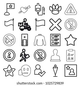Mark icons. set of 25 editable outline mark icons such as flag, star, paw, domino, drop counter, no alcohol, checklist, favorite photo, add user, info, cross, sweater, stamp