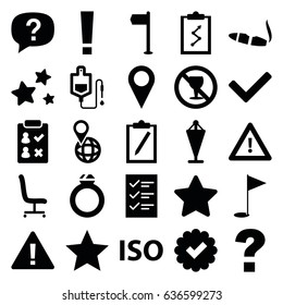 Mark icons set. set of 25 mark filled icons such as cigarette, flag, drop counter, no alcohol, warning, pin on globe, star, office chair, iso, gold flag, checklist, tick, ring
