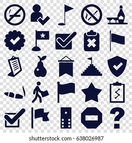 Mark icons set. set of 25 mark filled icons such as champagne and wine glasses, cigarette, clipboard, pear, courier, tick, add user, no smoking, gold flag, flag, pyramid flag