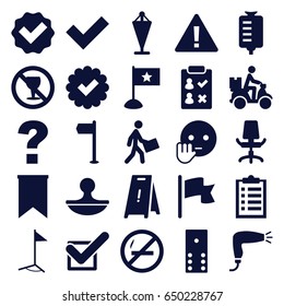 Mark icons set. set of 25 mark filled icons such as hair dryer, wet floor, flag, bye emot, drop counter, no alcohol, courier, courier on motorcycle, office chair, stamp, tick
