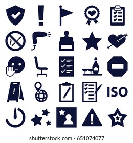 Mark icons set. set of 25 mark filled icons such as stamp, hair dryer, champagne and wine glasses, wet floor, heart with arrow, bye emot, pin on globe, check list
