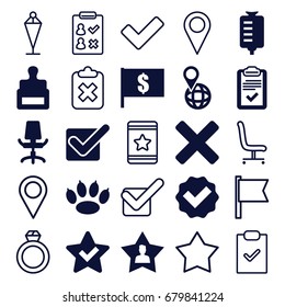 Mark icons set. set of 25 mark filled and outline icons such as stamp, drop counter, pin on globe, clipboard, office chair, favourite user, cross, tick, flag, star