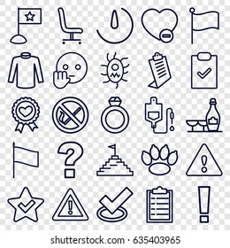 Mark icons set. set of 25 mark outline icons such as champagne and wine glasses, sweater, clipboard, drop counter, warning, heart ribbon, minus favorite, virus and pills
