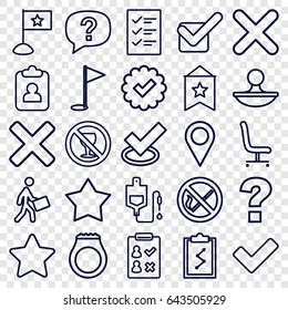 Mark icons set. set of 25 mark outline icons such as drop counter, no alcohol, courier, star, tick, office chair, stamp, cross, checklist, location pin, no smoking, gold flag
