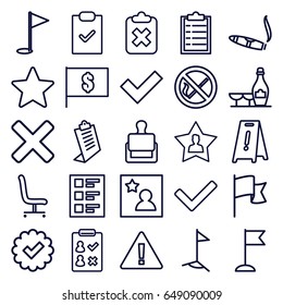 Mark icons set. set of 25 mark outline icons such as stamp, champagne and wine glasses, cigarette, wet floor, clipboard, flag, checklist, office chair, favourite user