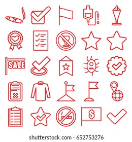 Mark icons set. set of 25 mark outline icons such as cigarette, sweater, flag, drop counter, no alcohol, pin on globe, heart ribbon, star, tick, clipboard, virus and pills