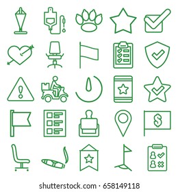 Mark icons set. set of 25 mark outline icons such as stamp, cigarette, star, drop counter, courier on motorcycle, checklist, office chair, tick, stopwatch camera, clipboard