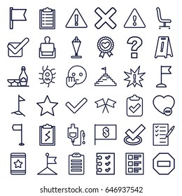 Mark icons set. set of 36 mark outline icons such as stamp, champagne and wine glasses, wet floor, flag, star, drop counter, check list, heart ribbon, minus favorite