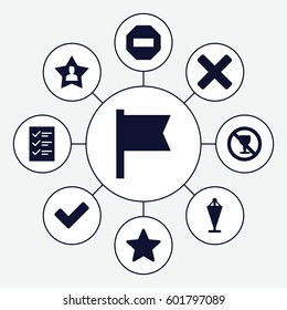 mark icons set. Set of 9 mark filled icons such as flag, no alcohol, tick, favourite user, star, checklist, cross